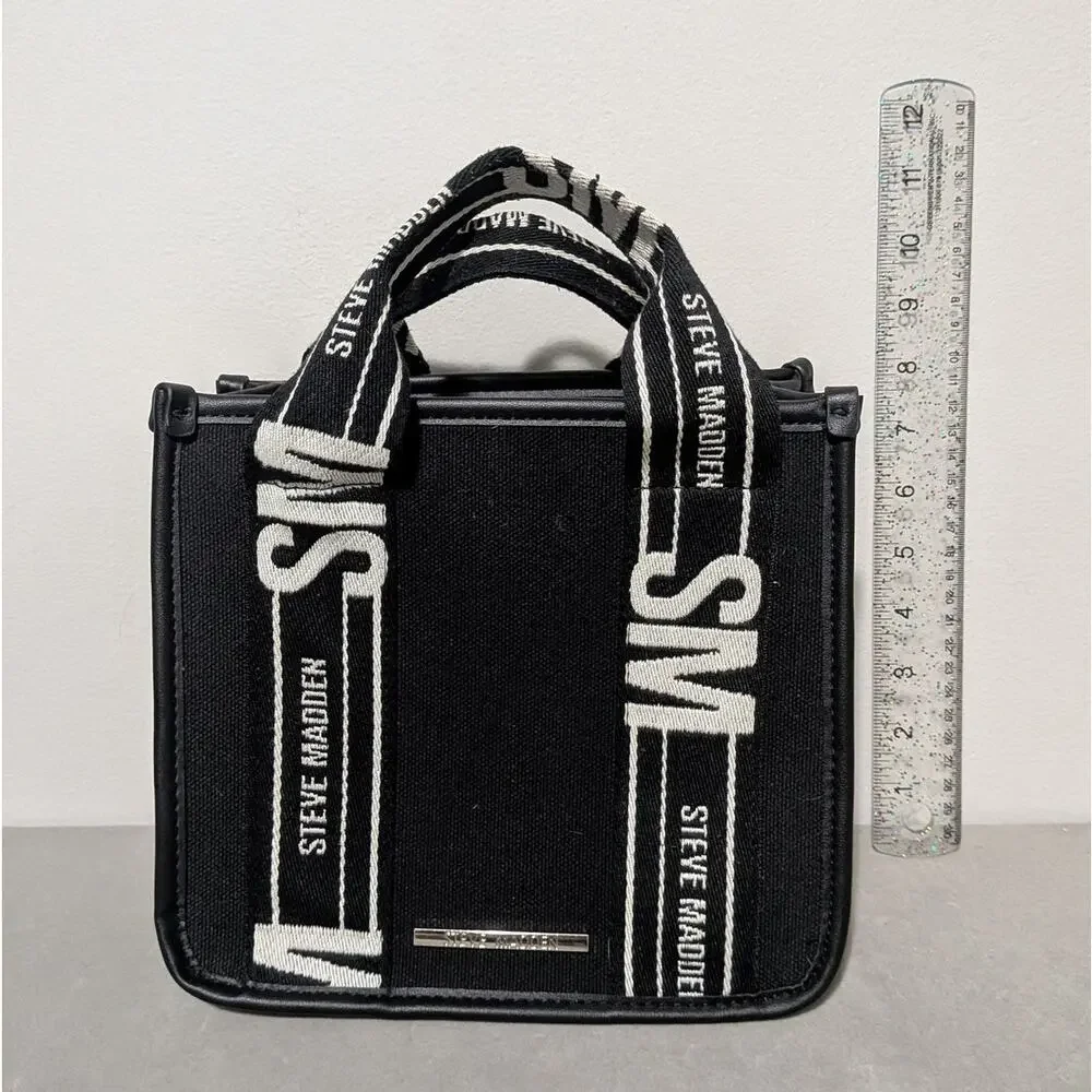 Steve Madden Bwebber Black Canvas Crossbody Satchel Bag Logo Strap Coin Pouch